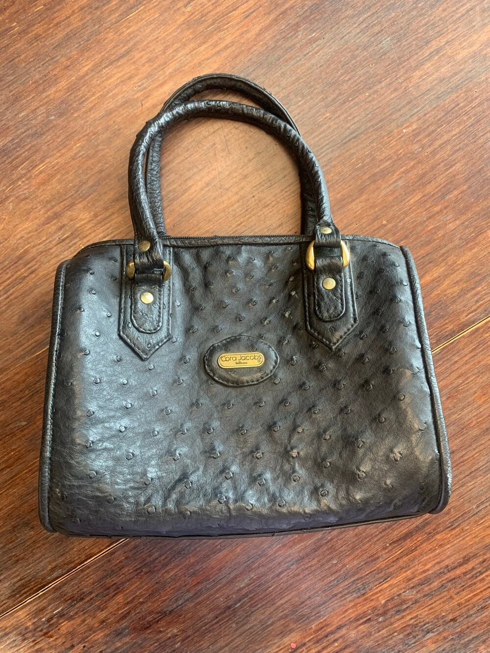 Vintage Cara Jacobs Black Ostrich Top Handle Satchel Bag